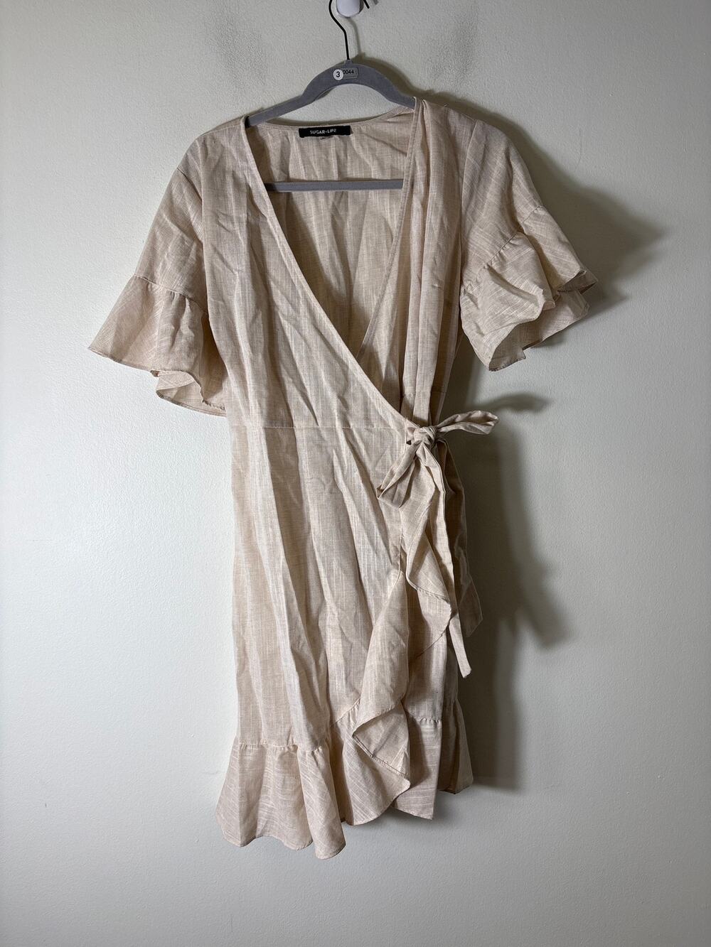 Sugar Lips Beige Short Sleeve Knee Length Linen Wrap Dress Sz L